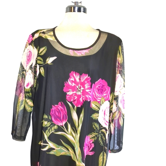 VICTORIA COLLECTION Black Mesh And Pink Floral Elegant Blouse Size Plus XXL - Picture 13 of 13